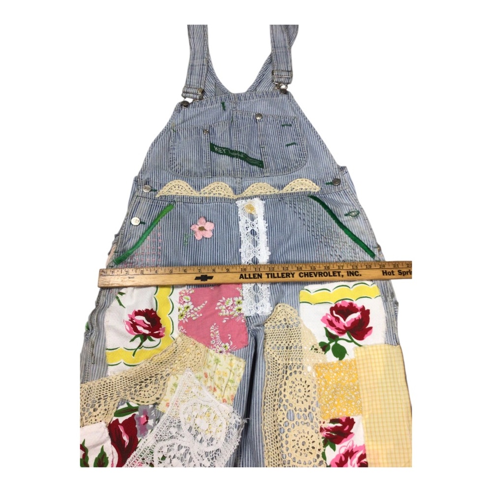 Upcycled Vintage Key Bib Railroad Striped Overalls Embroidered Crochet Parchwork - Picture 6 of 14